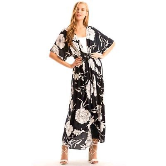 Tie Front Floral Kimono Duster Navy - Picture 2 of 7